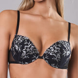 Reggiseno push-up con ricamo floreale elegante - NERO - 8014