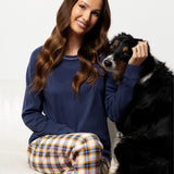 Pigiama donna in caldo cotone con felpa blu e pantaloni tartan - BLU - CL12