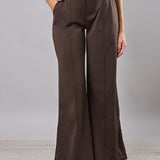 Pantaloni donna beige elasticizzati a gamba larga con interno in micropile - MARRONE - LG17
