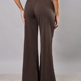 Pantaloni donna beige elasticizzati a gamba larga con interno in micropile - MARRONE - LG17