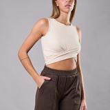 Pantaloni donna beige elasticizzati a gamba larga con interno in micropile - MARRONE - LG17