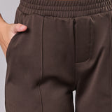 Pantaloni donna beige elasticizzati a gamba larga con interno in micropile - MARRONE - LG17