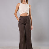 Pantaloni donna beige elasticizzati a gamba larga con interno in micropile - MARRONE - LG17