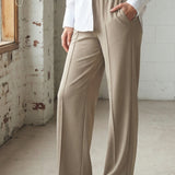 Pantaloni donna beige elasticizzati a gamba larga con interno in micropile - SABBIA - LG17