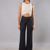 Pantaloni donna elasticizzati a gamba larga con interno in micropile - ANTRACITE - LG20
