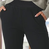Pantalone donna elasticizzato morbido a costine con tasche - NERO - LG22