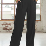 Pantalone donna elasticizzato a gamba larga con pence e tasche - NERO - LG23