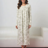 Camicia da notte lunga donna in caldo cotone floreale - SALVIA/MILK - CA25