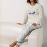Pigiama donna in caldo cotone con maglia stampata e pantaloni fantasia cuori - AZZURRO - DO16