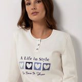 Pigiama donna in caldo cotone con maglia stampata e pantaloni fantasia cuori - AZZURRO - DO16