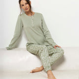 Pigiama donna in caldo cotone verde salvia con pantaloni floreali - SALVIA - RA15