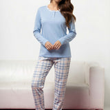 Pigiama donna in caldo cotone azzurro con pantaloni a quadri - AZZURRO - TA16