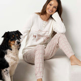 Pigiama donna in caldo cotone con stampa Dreams e pantaloni a quadri - MILK - TE16