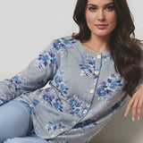 Pigiama donna in caldo cotone aperto davanti con fantasia floreale - AZZURRO - VI14