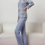 Pigiama donna in caldo cotone aperto davanti con fantasia floreale - AZZURRO - VI14