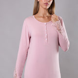 Camicia da notte donna in viscosa con pizzo Verde Veronica - ROSA - QL25