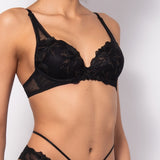 Reggiseno in pizzo floreale con coppe imbottite e ferretto - NERO - 7742