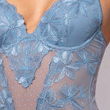 Body in pizzo floreale con coppe imbottite e ferretto - DENIM - 7748