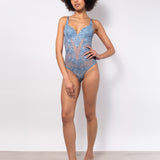 Body in pizzo floreale con coppe imbottite e ferretto - DENIM - 7748