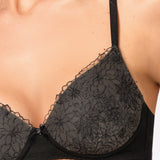 Reggiseno con Coppe Graduate Senza Ferretto in Microfibra e  Tulle Ricamato - NERO - 7936