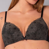 Reggiseno Triangolo con Coppe Imbottite Senza Ferretto  in Microfibra e  Tulle Ricamato - NERO - 7938