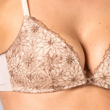 Reggiseno Triangolo con Coppe Imbottite Senza Ferretto  in Microfibra e  Tulle Ricamato - PESCA - 7938