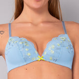 Reggiseno Triangolo con Coppe Imbottite Senza Ferretto  in Tulle Ricamato - AZZURRO - 7958