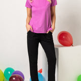 Pigiama Girocollo Manica Corta e Pantalone Lungo in Cotone - PINK/NERO - CI16