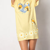 Maxi Maglia in Cotone con Stampa Piazzata di Api e Maxi Margherite - INDACO/GIALLO - DA42