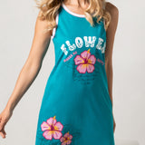 Maxi Maglia in Cotone 100% Spalla Larga con Stampa Flower - TURCHESE - OR42
