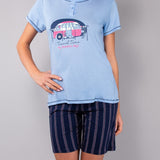 Pigiama Serafino Donna Cotone 100% Weekend Vibes | Rosa e Ciliegia - BLU - ST11