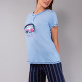 Pigiama Serafino Donna Cotone 100% Weekend Vibes | Rosa e Ciliegia - BLU - ST11