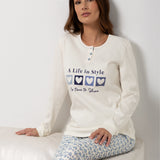 Pigiama donna in caldo cotone con maglia stampata e pantaloni fantasia cuori - AZZURRO - DO16