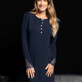Camicia da notte donna in viscosa con pizzo Verde Veronica - BLU - QL25