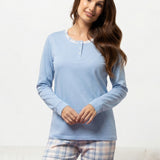 Pigiama donna in caldo cotone azzurro con pantaloni a quadri - AZZURRO - TA16